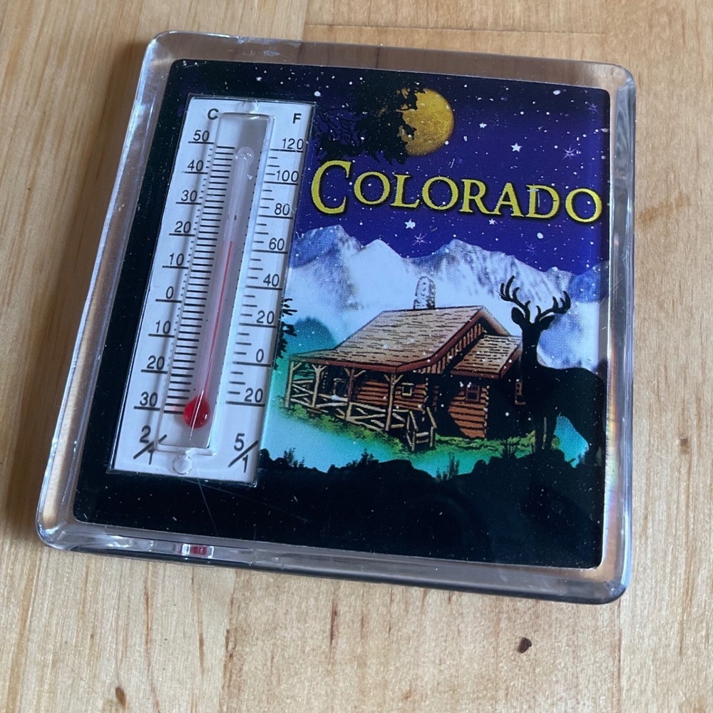 Vintage Colorado Souvenir Magnet with Thermometer Log Cabin Elk Mountain Scene